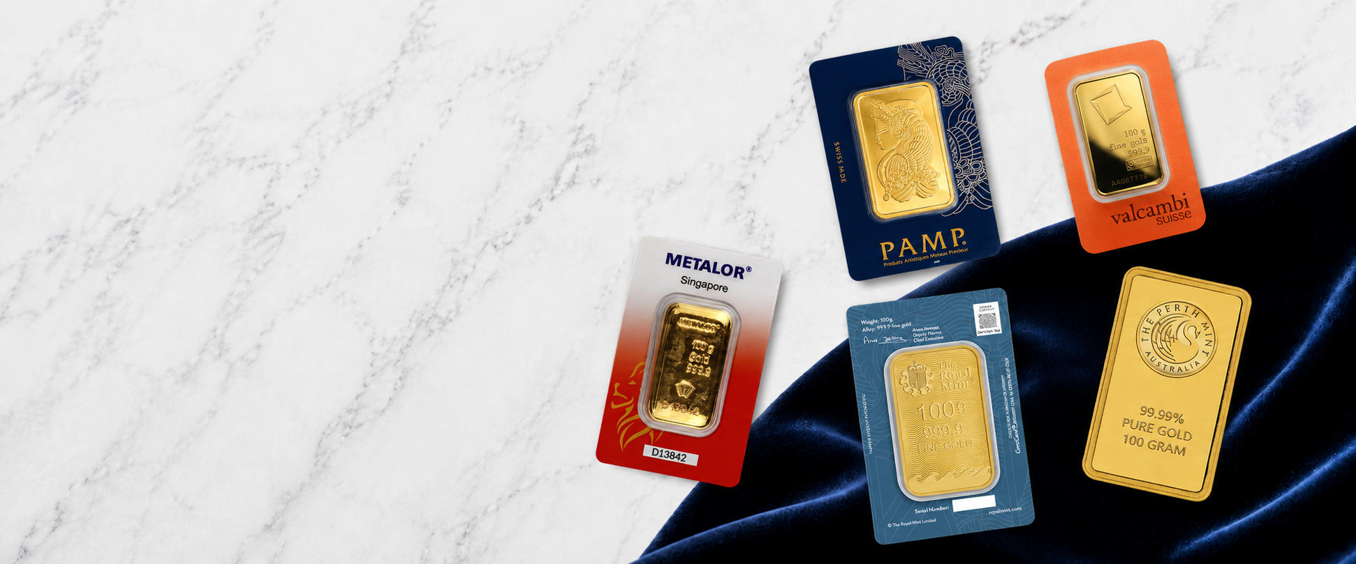 100g gold bars displayed on blue and white background