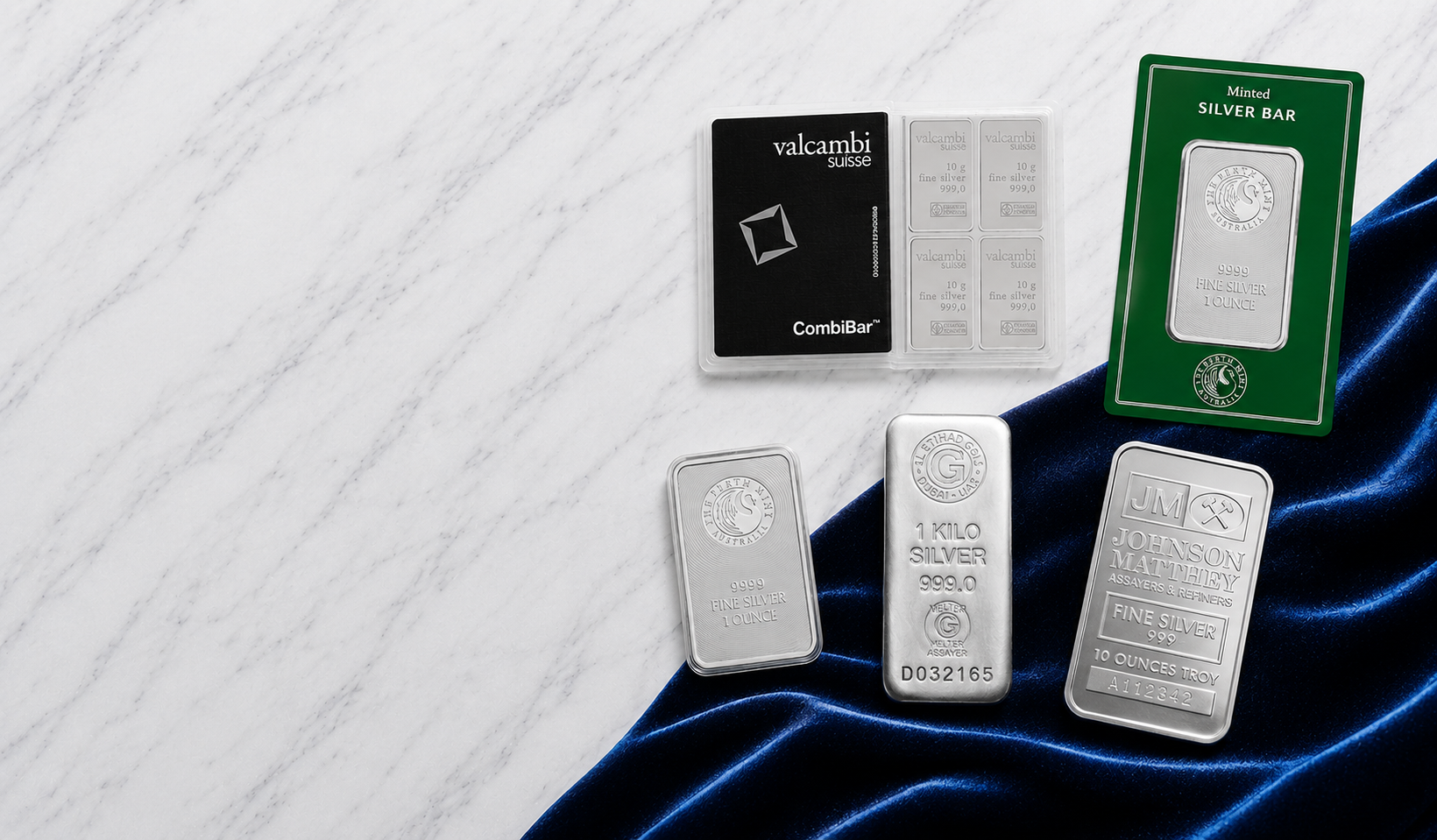 variety of silver bars on white and blue background