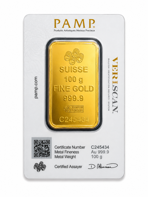 PAMP Suisse 100g Verisain 999.9 fine gold bar in its original white certificate packaging, featuring the gold bar, brand logo, certificate details, and a QR code.