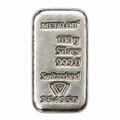 100g Metalor silver bullion bar made from 999 fine Swiss silver, featuring Metalor hallmark, weight, purity and individual serial number.