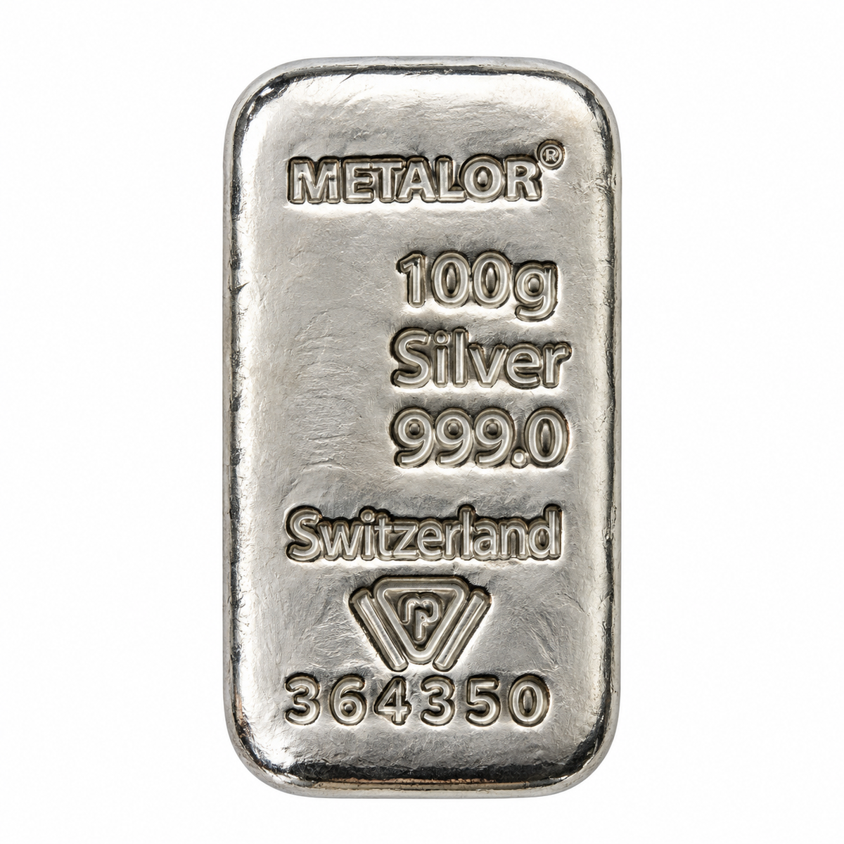 100g Metalor silver bullion bar made from 999 fine Swiss silver, featuring Metalor hallmark, weight, purity and individual serial number.