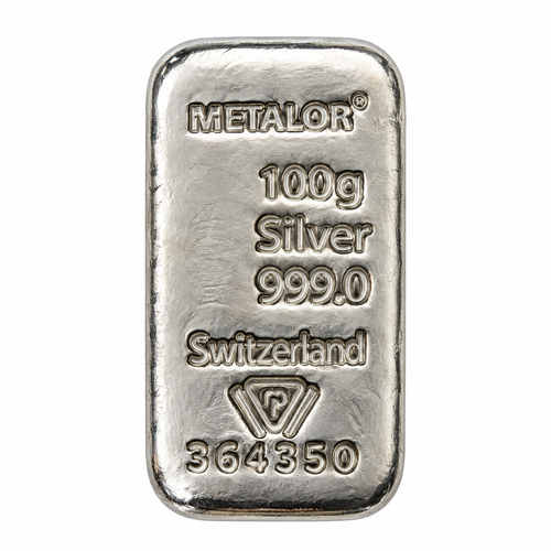 100g Metalor silver bullion bar made from 999 fine Swiss silver, featuring Metalor hallmark, weight, purity and individual serial number.