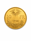 A round gold-colored 10 French Franc coin from 1916, featuring a radiant cross emblem, the text '10 FR' and '1916', with floral and leaf motifs around the lower edge, shown on a plain white background. 10 swiss fanc gold