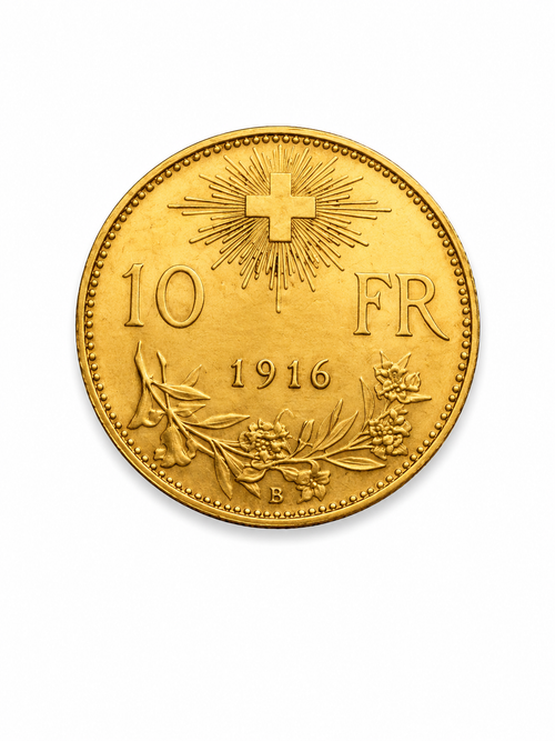 A round gold-colored 10 French Franc coin from 1916, featuring a radiant cross emblem, the text '10 FR' and '1916', with floral and leaf motifs around the lower edge, shown on a plain white background. 10 swiss fanc gold