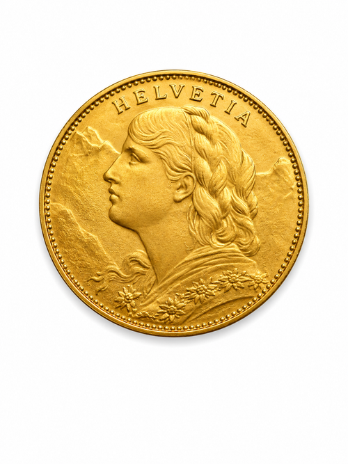 A round gold coin featuring a profile portrait of Helvetia with the word 'HELVETIA' around the edge, shown on a plain white background. 10 swiss franc gold