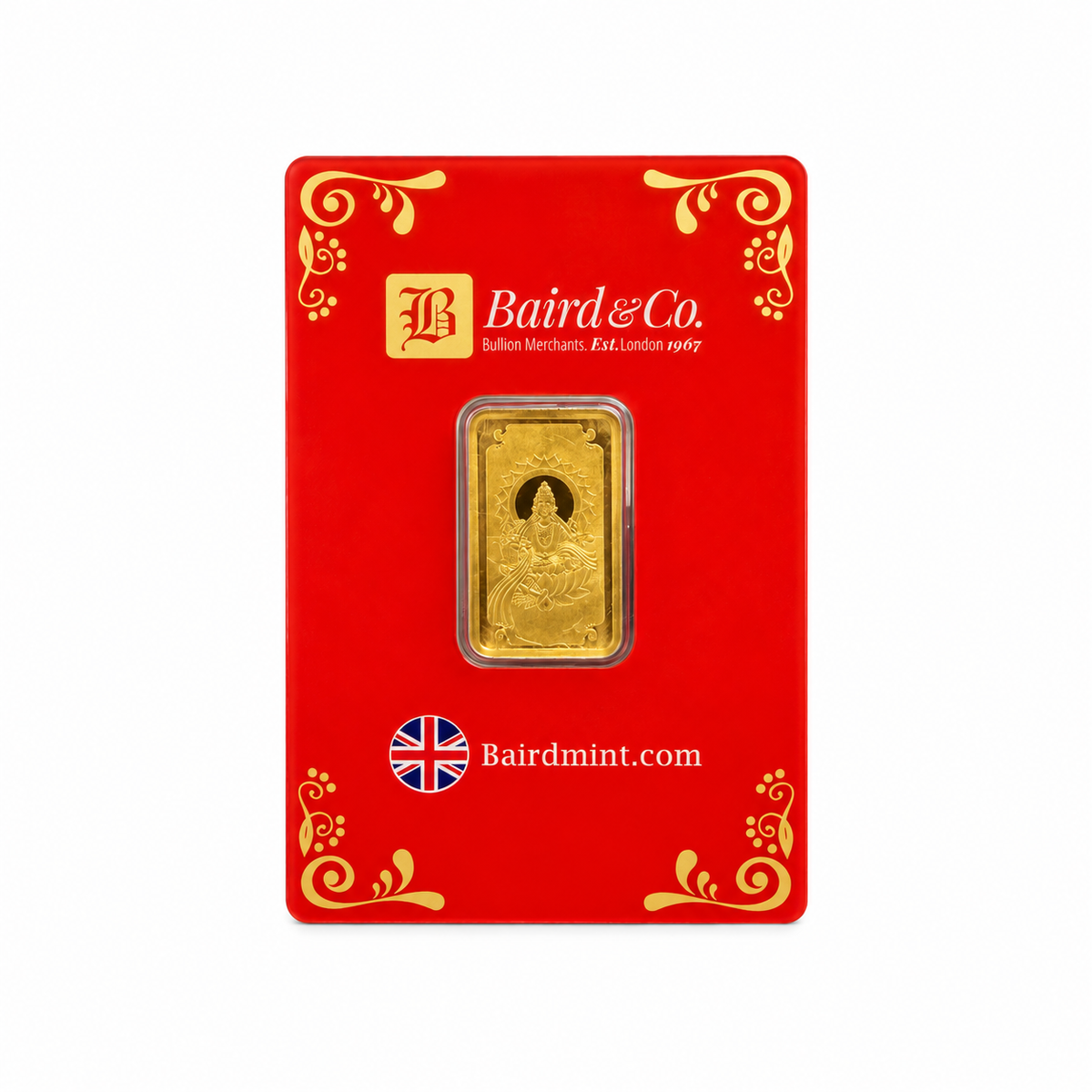 10g Baird & Co. Lakshmi gold bar featuring Goddess Lakshmi seated on a lotus flower, sealed in red and gold manufacturer assay packaging.
