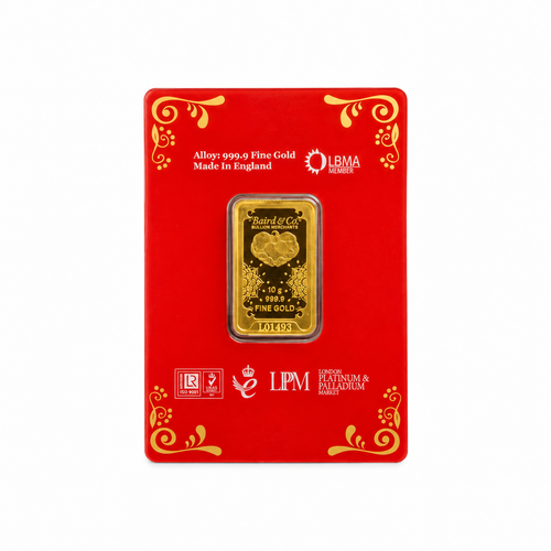 Reverse of Baird & Co. 10g Lakshmi gold bar showing 999.9 fine gold purity, manufacturer hallmark and individual serial number in sealed assay card. 