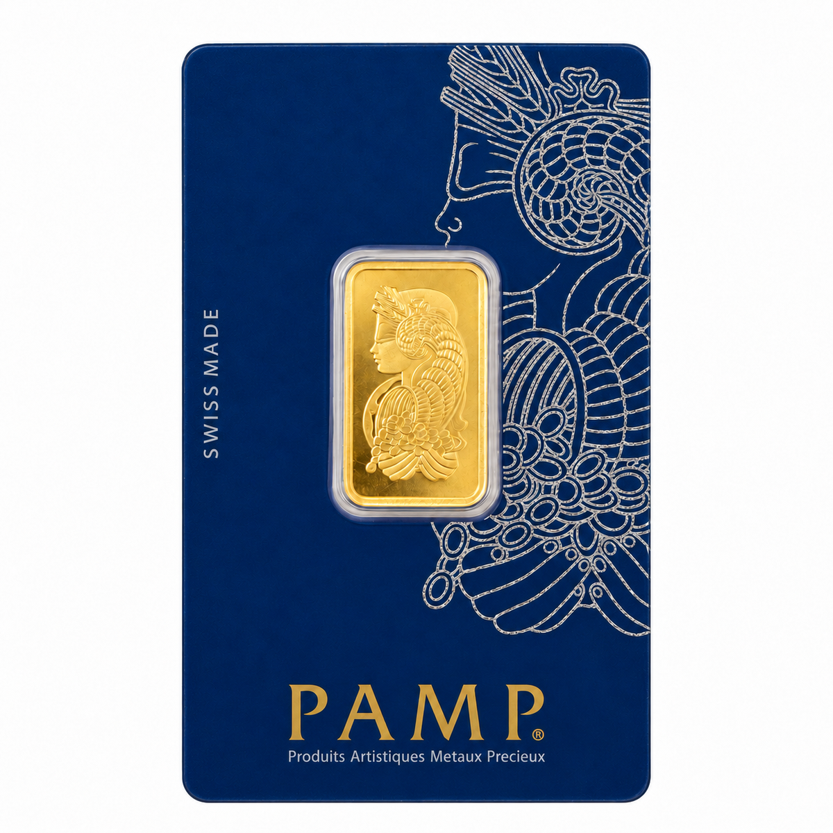 10g PAMP Suisse Lady Fortuna gold bar in navy assay packaging, showing the Lady Fortuna design.