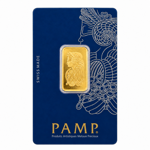 10g PAMP Suisse Lady Fortuna gold bar in navy assay packaging, showing the Lady Fortuna design.