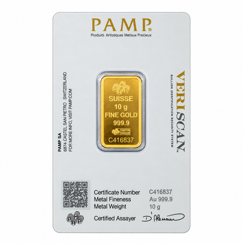 Reverse of 10g PAMP Suisse gold bar showing its weight, 999.9 fineness and serial number within the assay card.