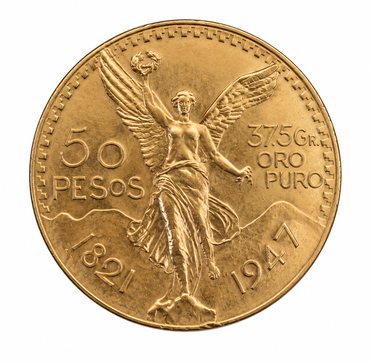 1947 Mexican 50 Pesos Centenario gold coin featuring Winged Victory, 37.5g pure gold