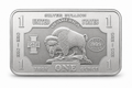 Front of a 1 oz Buffalo silver bullion bar featuring an American bison design and markings for one troy ounce of .999 fine silver.