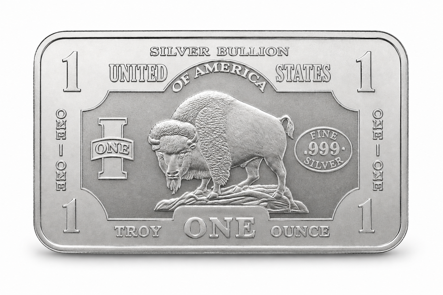 Front of a 1 oz Buffalo silver bullion bar featuring an American bison design and markings for one troy ounce of .999 fine silver.
