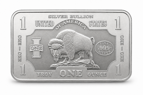 Front of a 1 oz Buffalo silver bullion bar featuring an American bison design and markings for one troy ounce of .999 fine silver.