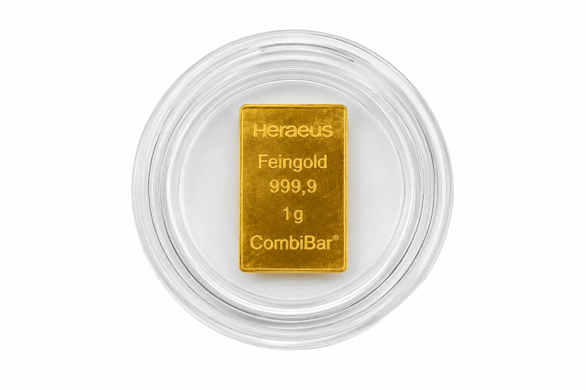 1g Heraeus CombiBar 999.9 fine gold bullion bar in protective clear capsule showing Heraeus refinery markings.