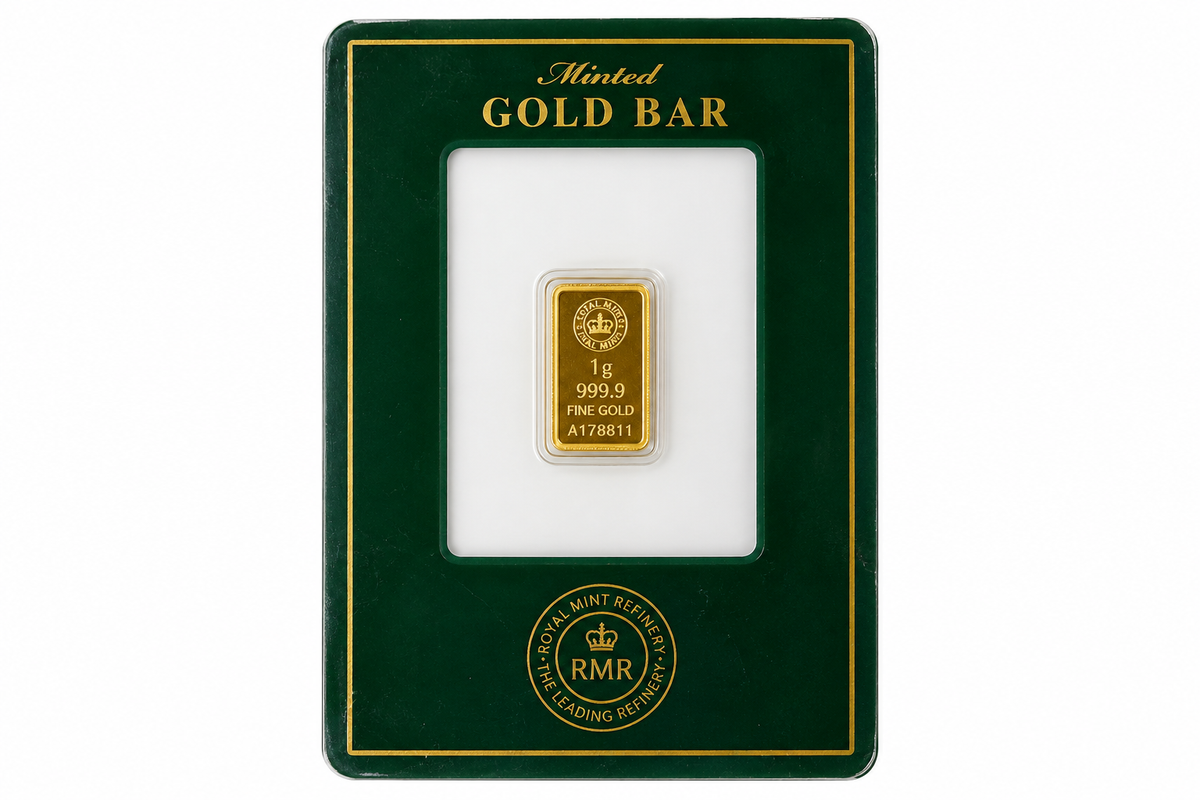 1g Royal Mint Refinery 999.9 fine gold minted bar in original green sealed assay card front view