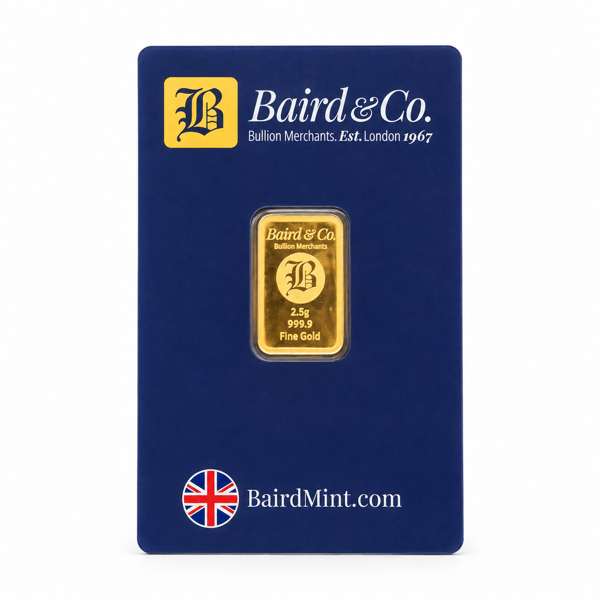 2.5g Baird & Co 999.9 fine gold bullion bar in original Baird packaging – 888 Bullion UK