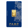2.5g PAMP Suisse Lady Fortuna gold bar in navy assay packaging, showing the Lady Fortuna design.
