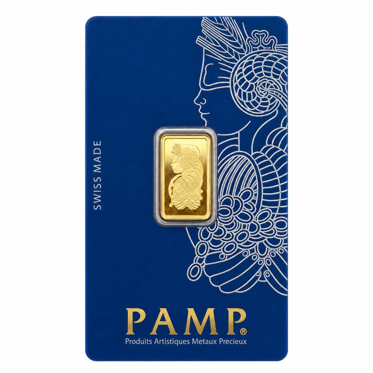 2.5g PAMP Suisse Lady Fortuna gold bar in navy assay packaging, showing the Lady Fortuna design.