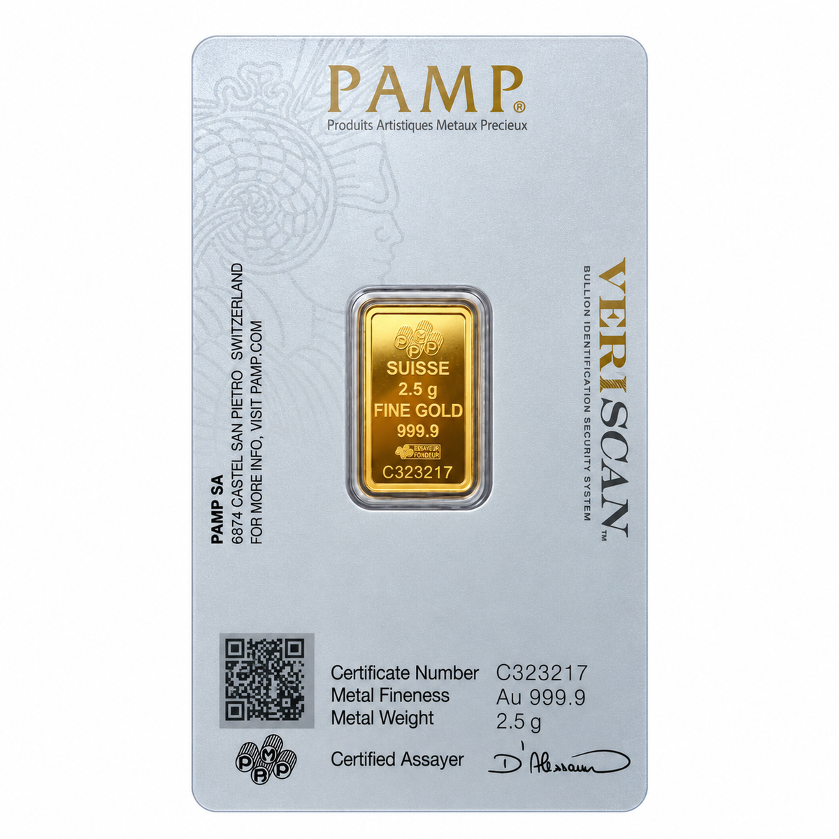 Reverse of 2.5g PAMP Suisse gold bar showing its weight, 999.9 fineness and serial number within the assay card.