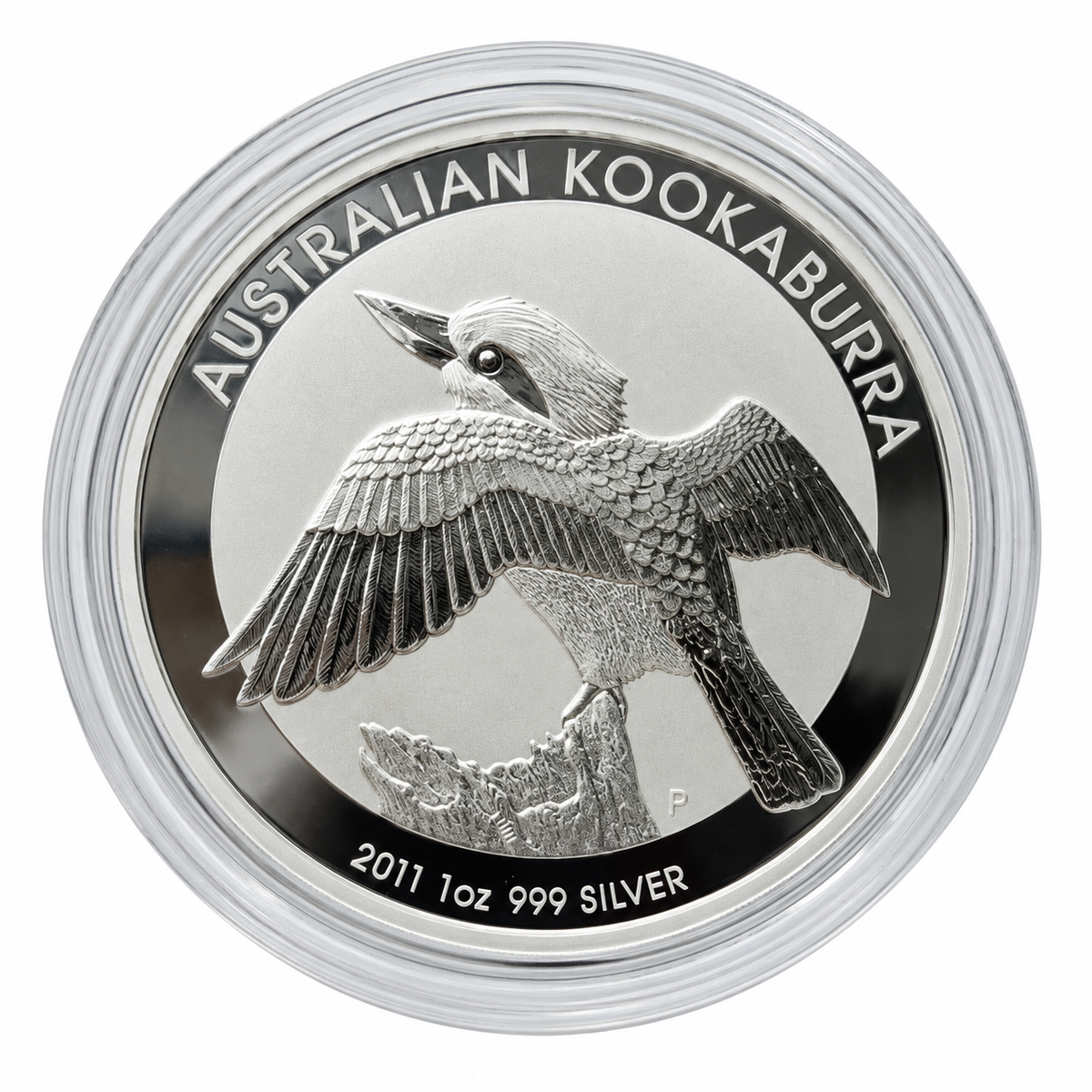 2011 Australian Kookaburra 1oz 999 silver coin reverse showing kookaburra with wings spread in protective capsule