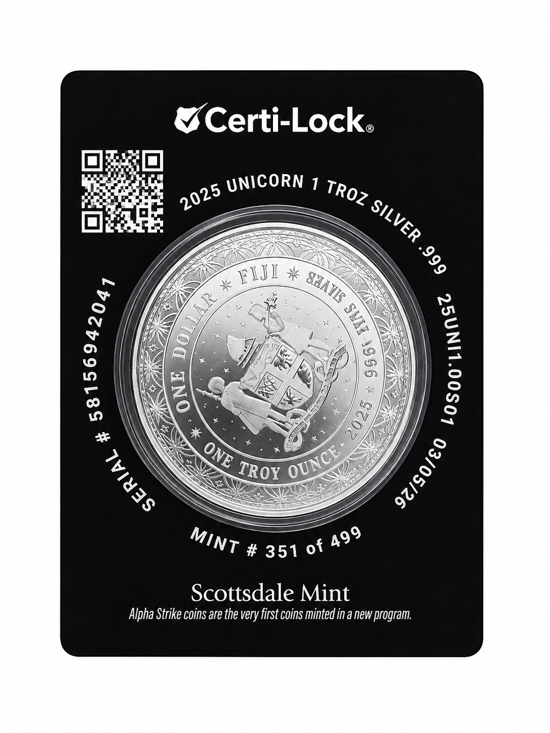 2025 Fiji Unicorn 1oz .999 Silver Alpha Strike Mint 351 of 499 Certi-Lock – 888 Bullion