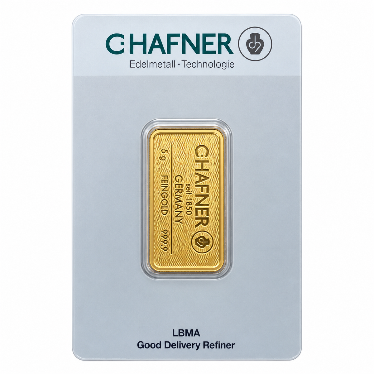 5g C.HAFNER gold bar in silver CertiCard packaging, showing the manufacturer’s logo, weight and 999.9 fineness.