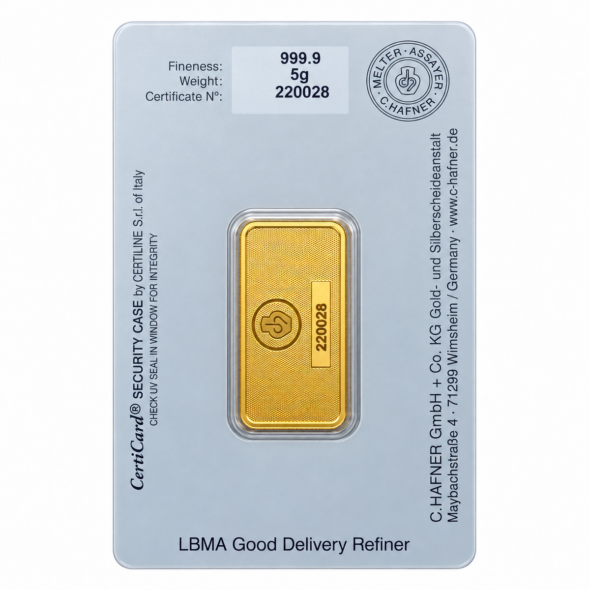 Reverse of 5g C.HAFNER gold bar showing its logo and serial number, in CertiCard packaging displaying 999.9 fineness, weight and matching certificate number.