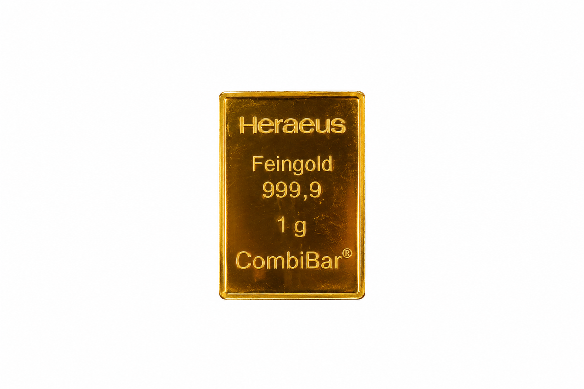 Front of 1 gram Heraeus CombiBar 24ct gold bar displaying Feingold 999.9 purity and 1g weight markings