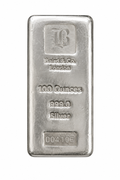 Front view of a Baird & Co 100 ounce cast silver bar made from 999 fine silver and weighing approximately 3.11kg.