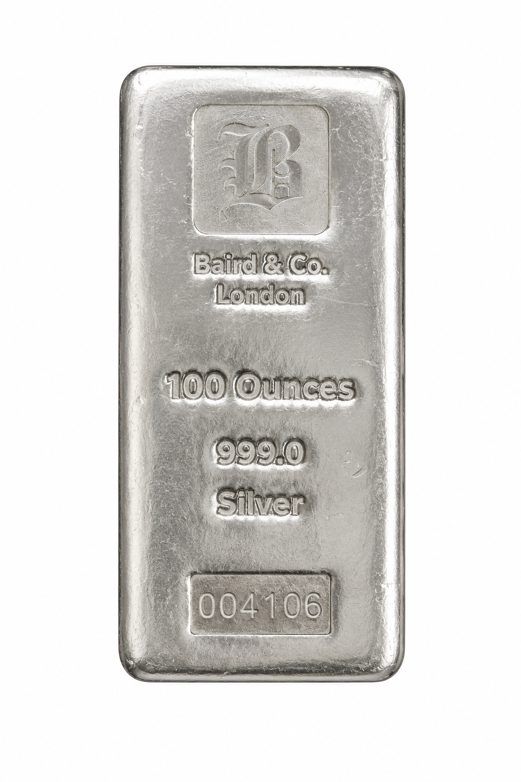 Front view of a Baird & Co 100 ounce cast silver bar made from 999 fine silver and weighing approximately 3.11kg.