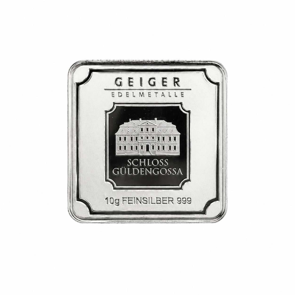 Front of the Geiger Edelmetalle Original 10g silver bar featuring Schloss Güldengossa and 10g Feinsilber 999 markings.