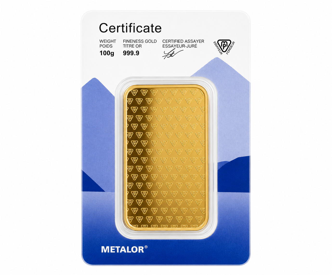 Reverse of the Metalor 100g gold bullion bar showing the repeating Metalor hallmark design and certificate confirming 100g weight and 999.9 gold fineness.