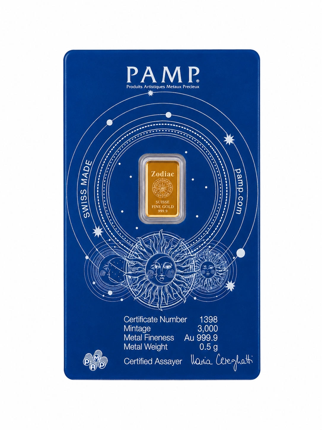PAMP Suisse Virgo 0.5g Gold Bar Reverse Assay Card Limited Mintage 3000