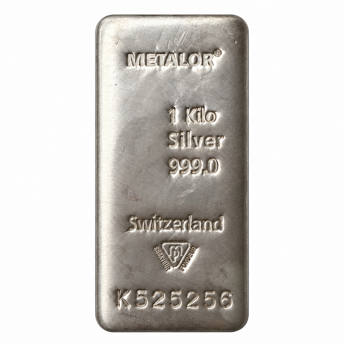 Pre-owned 1kg Metalor 999 fine silver cast bullion bar showing Swiss refinery stamp, weight and purity markings.