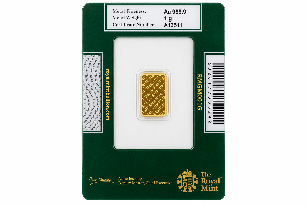 Reverse of 1g Royal Mint Refinery gold bar in original assay packaging showing RMR pattern and certification details