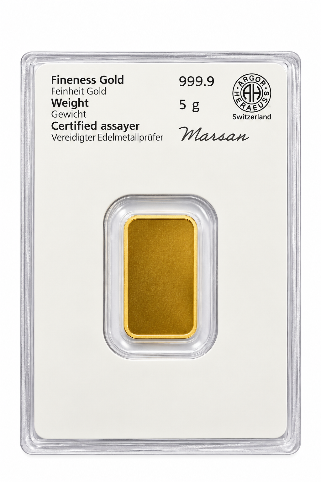 Reverse of 5g Argor-Heraeus gold bar in original assay packaging
