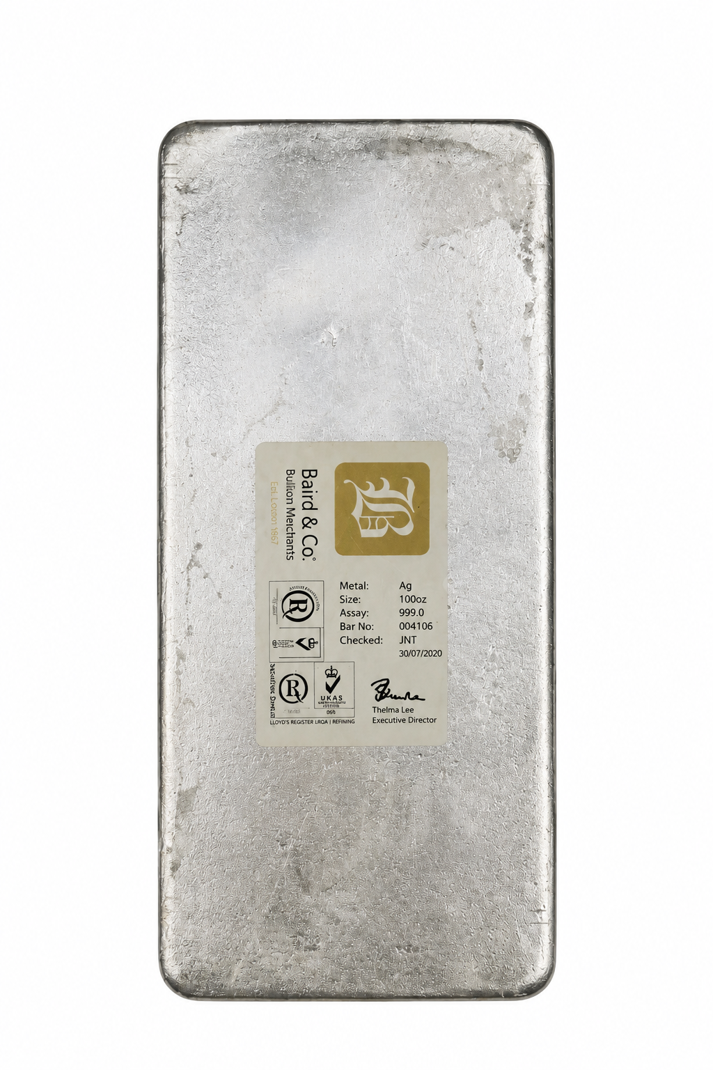 Reverse view of a pre-owned Baird & Co 100 oz silver bullion bar, containing approximately 3.11kg of 999 fine silver.