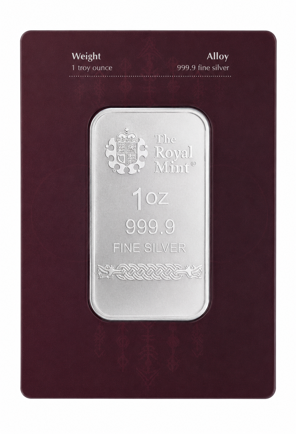 Reverse of The Royal Mint Loki 1 oz silver bar showing The Royal Mint logo, 1 oz weight and 999.9 fine silver purity in Germania Mint presentation packaging.