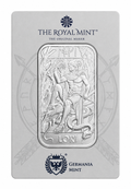 Front of The Royal Mint Loki 1 oz silver bullion bar featuring Loki and Jörmungandr from the Norse Gods collection, struck in 999.9 fine silver.
