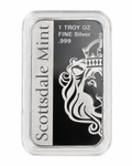 Reverse view of the Scottsdale Mint Archangel Michael silver bar showing the crowned lion hallmark, 1 troy oz weight and .999 fine silver purity.