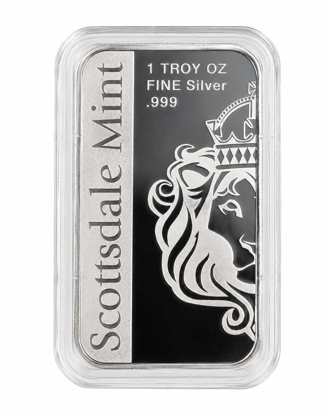 Reverse view of the Scottsdale Mint Archangel Michael silver bar showing the crowned lion hallmark, 1 troy oz weight and .999 fine silver purity.