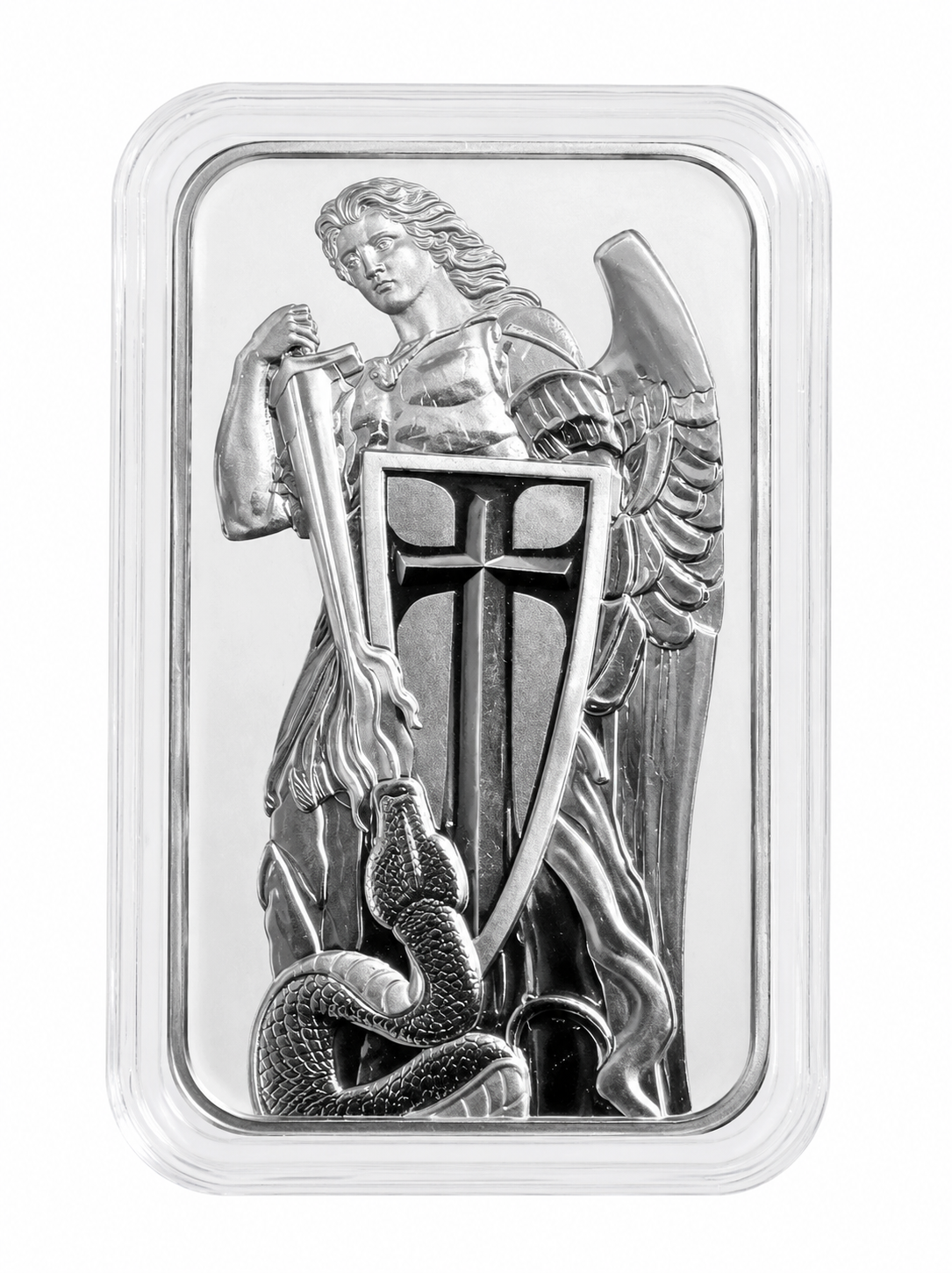 Front view of the Scottsdale Mint Archangel Michael 1 oz silver bar featuring Archangel Michael defeating the serpent, struck in .999 fine silver.