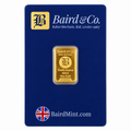 1/10 oz Baird & Co 999.9 fine gold bullion bar showing manufacturer hallmark, weight and serial number in original navy blue assay packaging.