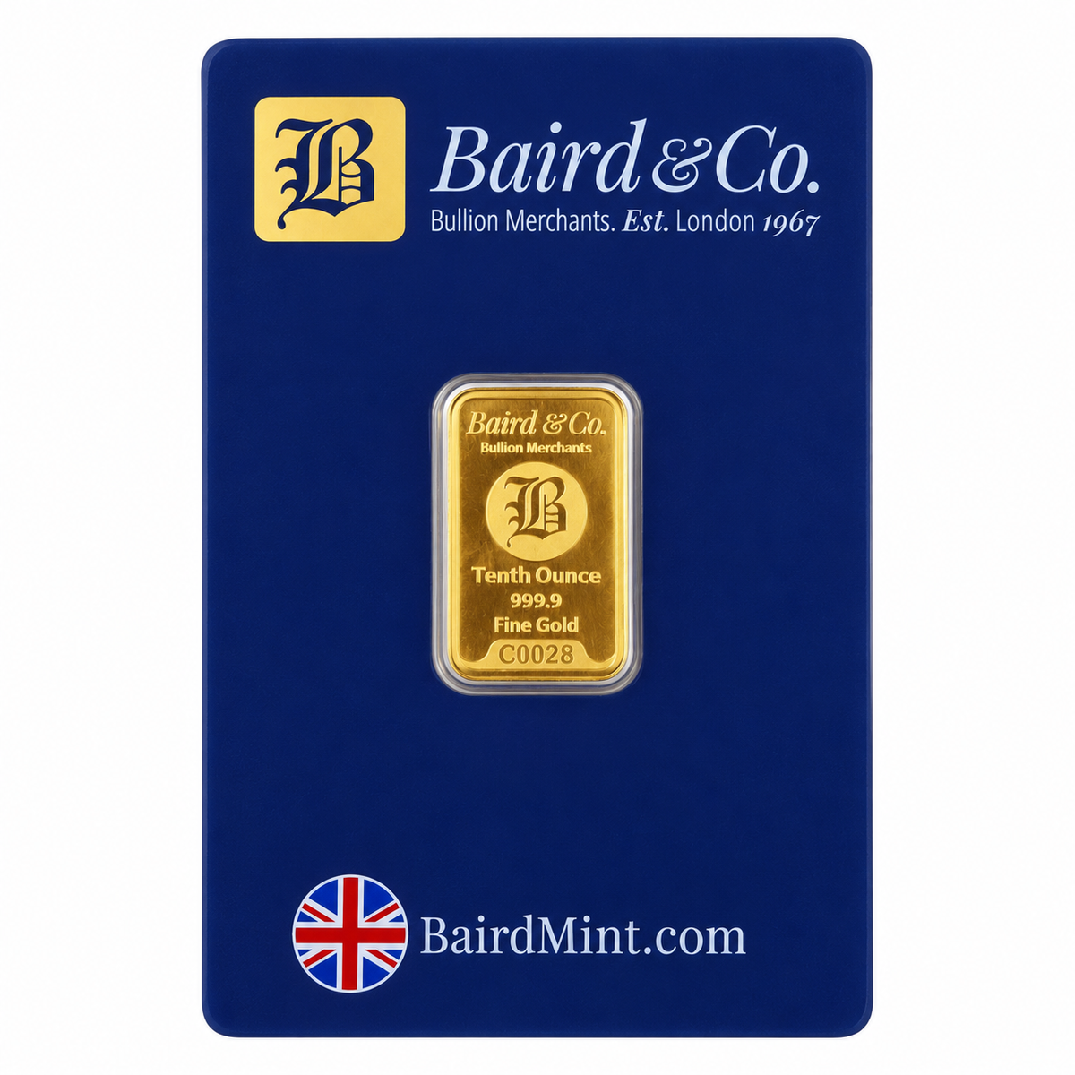 1/10 oz Baird & Co 999.9 fine gold bullion bar showing manufacturer hallmark, weight and serial number in original navy blue assay packaging.