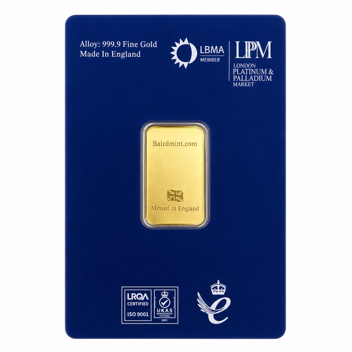Reverse of British-made Baird & Co tenth-ounce gold bar featuring Baird Mint branding, Union Jack and Minted in England inscription in sealed assay card.