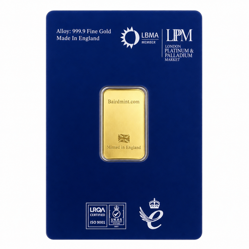 Reverse of British-made Baird & Co tenth-ounce gold bar featuring Baird Mint branding, Union Jack and Minted in England inscription in sealed assay card.