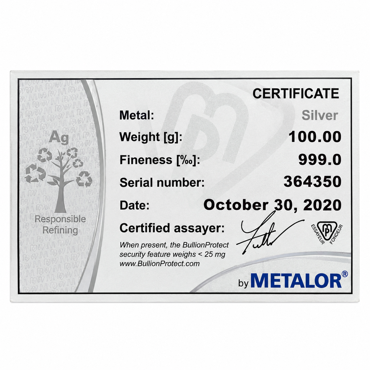 Metalor assay certificate accompanying a 100g 999 fine silver bullion bar, confirming its weight, silver purity and individual serial number.