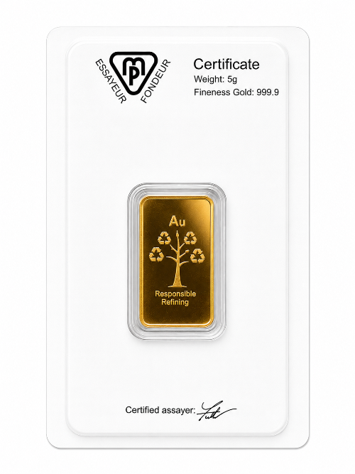 A 5g gold bar in a clear protective capsule, mounted on a white certificate card from Essayer Fondeur. The card features black text detailing the weight and fineness of the gold, along with the brand logo and a certified assayer signature.