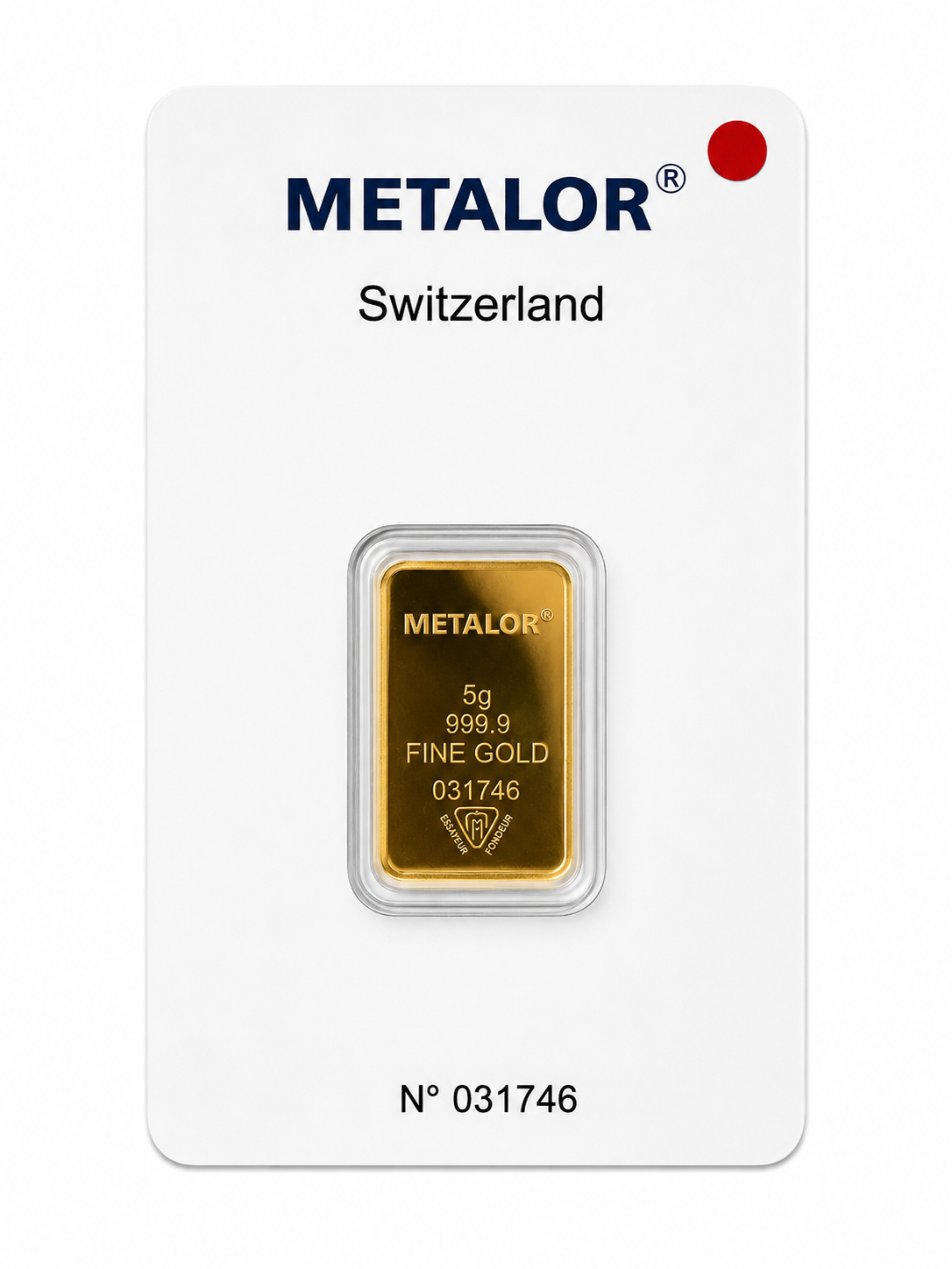 A 5g METALOR 999.9 fine gold bar in a clear protective capsule, mounted on a white METALOR Switzerland card.